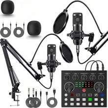 2026 Upgraded Podcast Equipment Bundle For 2, Recording Studio Package With Pro Audio Interface And Podcast Microphone For Gamer Podcasting, Recording, Singing, Streaming - 黑色-F998音效卡套裝+2個麥克風 - 查看 1