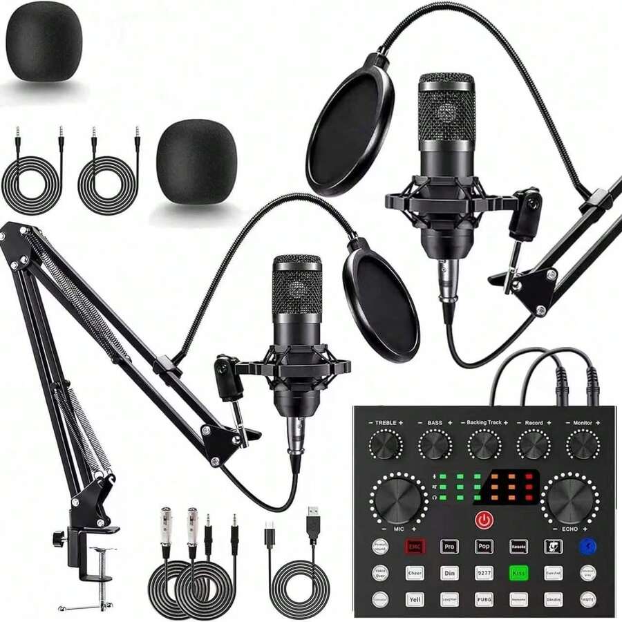 2026 Upgraded Podcast Equipment Bundle For 2, Recording Studio Package With Pro Audio Interface And Podcast Microphone For Gamer Podcasting, Recording, Singing, Streaming - 黑色-F998音效卡套裝+2個麥克風 - 查看 1