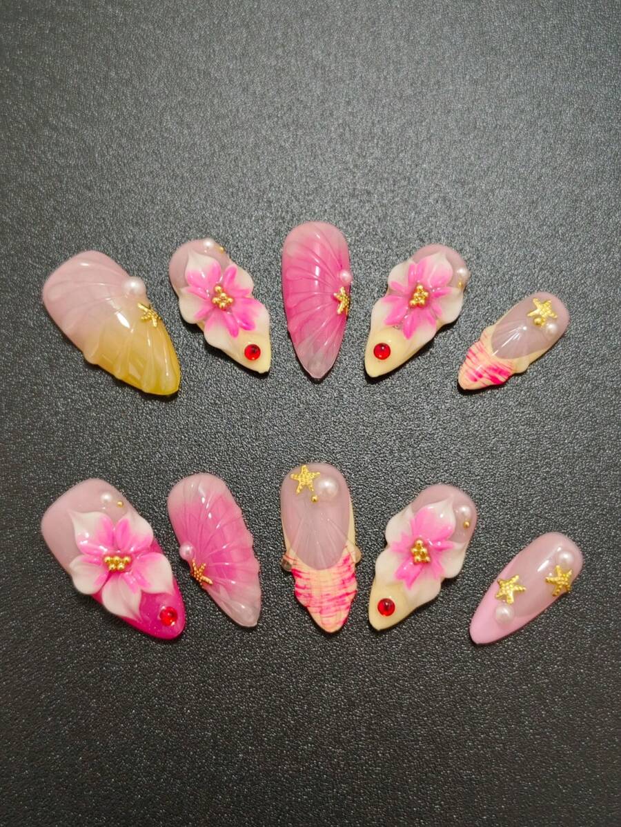 10 Sets Handmade Almond Press On Nails,2.5cm Starfish Faux Pearl French Style Acrylic Fake Nails,Reusable Fashion Nail Stickers Sheets,Exquisite Nail Decor For Women Teens,Valentine Party Festival Daily DIY Nail Art Accessories - Multicolor - View 1