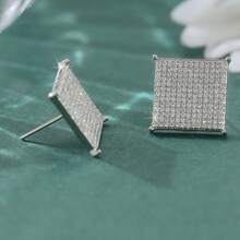 Classic Luxury Square Stud Earrings, Inlaid With Shiny White Cubic Zirconia, Simple And Exquisite, Suitable For Daily And Date Wear. - Silver - View 5