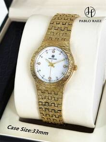 PABLO RAEZ 1件女款手錶，18K金，奢華正裝時尚手錶，不鏽鋼IPG錶殼，優雅新設計，銀色石英手錶，時尚白色/黑色錶盤，日期顯示，高品質，受歡迎的女款腕錶，日曆顯示，50米防水，實心鋼錶帶，珠寶扣，休閒青年可愛手錶，送給朋友或家人的精美禮物，適合日常生活/工作/派對/度假裝飾，婚禮/畢業/生日禮物 - 金色 - 查看 3