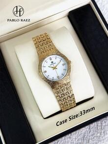 PABLO RAEZ 1件女款手錶，18K金，奢華正裝時尚手錶，不鏽鋼IPG錶殼，優雅新設計，銀色石英手錶，時尚白色/黑色錶盤，日期顯示，高品質，受歡迎的女款腕錶，日曆顯示，50米防水，實心鋼錶帶，珠寶扣，休閒青年可愛手錶，送給朋友或家人的精美禮物，適合日常生活/工作/派對/度假裝飾，婚禮/畢業/生日禮物 - 金色 - 查看 6