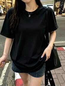 200g 100% Cotton T-Shirt, 2026 Summer Fashion Printed Short-Sleeve T-Shirt, Couple Style, Innerwear, Outerwear, Office Casual Round Neck Short-Sleeve Top - 黑色 - 查看 2