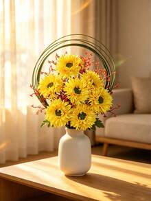 1Pc Yellow Gerbera Daisy Artificial Bouquet, Bright Home & Wedding Decor Flower With Hidden Pearl Handle, Perfect For Living Room Vase Arrangement, Bridal Party & Spring Decoration - Multicolor - View 1