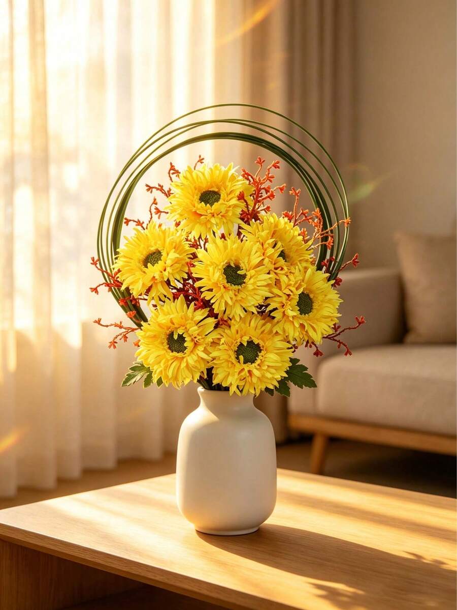 1Pc Yellow Gerbera Daisy Artificial Bouquet, Bright Home & Wedding Decor Flower With Hidden Pearl Handle, Perfect For Living Room Vase Arrangement, Bridal Party & Spring Decoration - Multicolor - View 1