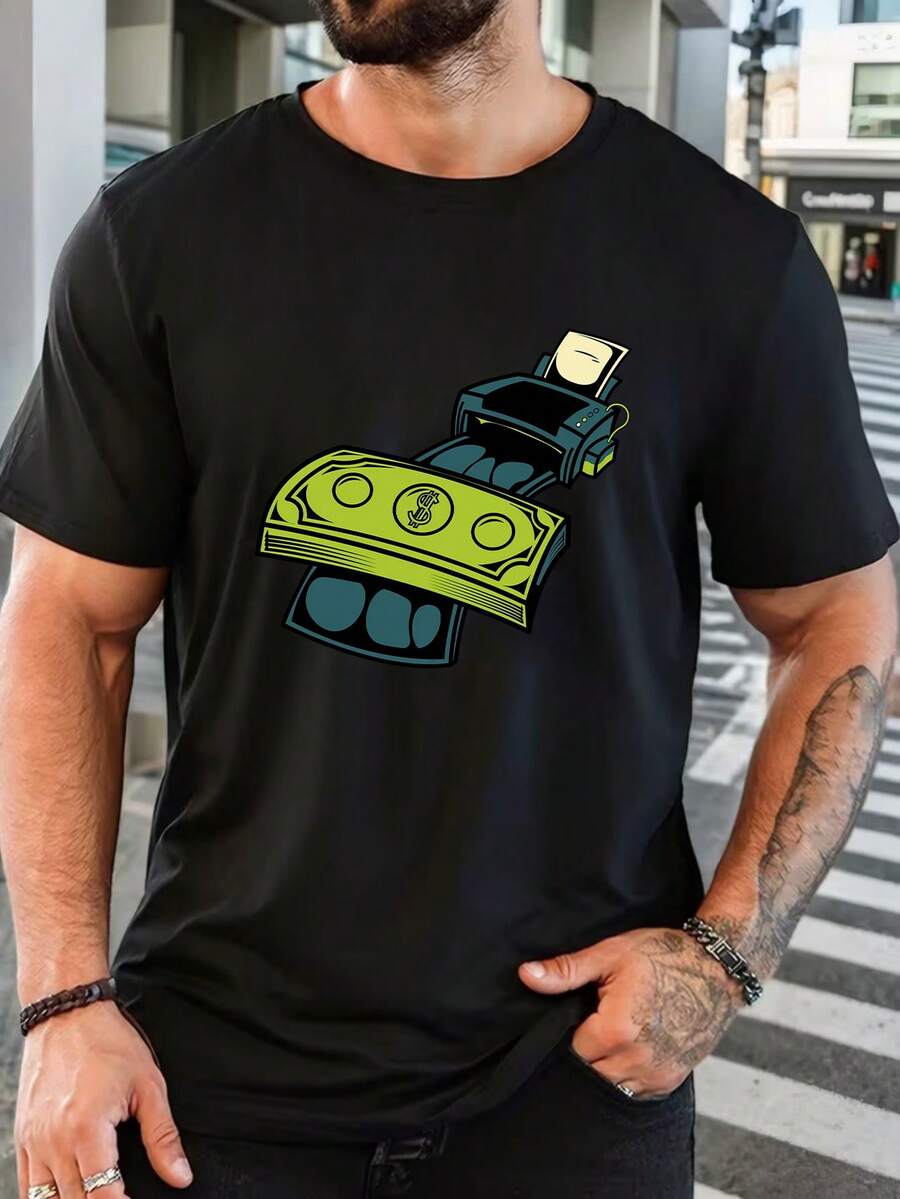 T-shirt décontracté à manches courtes pour hommes avec imprimé graphique de caisse enregistreuse et d'argent, col rond, cadeau de Noël et de vacances pour lui - Noir - Voir 1