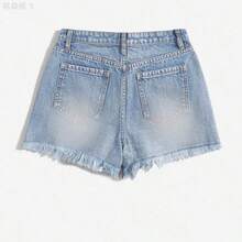 yonghongmaoyi1   Shorts en mezclilla desgarro ribete sin dobladillo - Lavado ligero - Ver 3