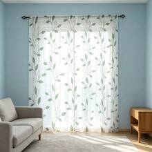 2 piezas Cortinas transparentes botánicas frescas con patrón de enredadera y hojas verdes, impresión plana 2D, ligeras y translúcidas, adecuadas tanto para salas de estar como para dormitorios. - Multicolor - 2 piezas - Ver 10