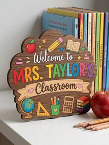1pc Personalized Custom Teacher Name Classroom Door Sign, Custom Text Design, Cute Themed Welcome Plaque(School Supplies/Flower/Rainbow), Durable Wood Hanger With Rope, Ideal For Classroom Door/Nursery Decor, Thoughtful For Teacher'S Day Gift - Multicolor - View 8