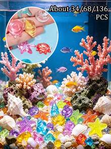 約 34/68/136 個彩色透明水晶人造貝殼，適用於魚缸、水族箱和泳池 - 逼真海星與裝飾，DIY 海灘主題魚缸佈置、泳池邊裝飾、派對水族景觀、魚類棲息地設置 - 多色 - 查看 2