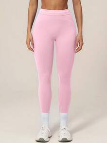 TimeOff Pantalones deportivos largos cortos de cintura alta con control de abdomen, decoración de línea blanca y bloques de color para mujer, 1 pieza - Rosa - Ver 6