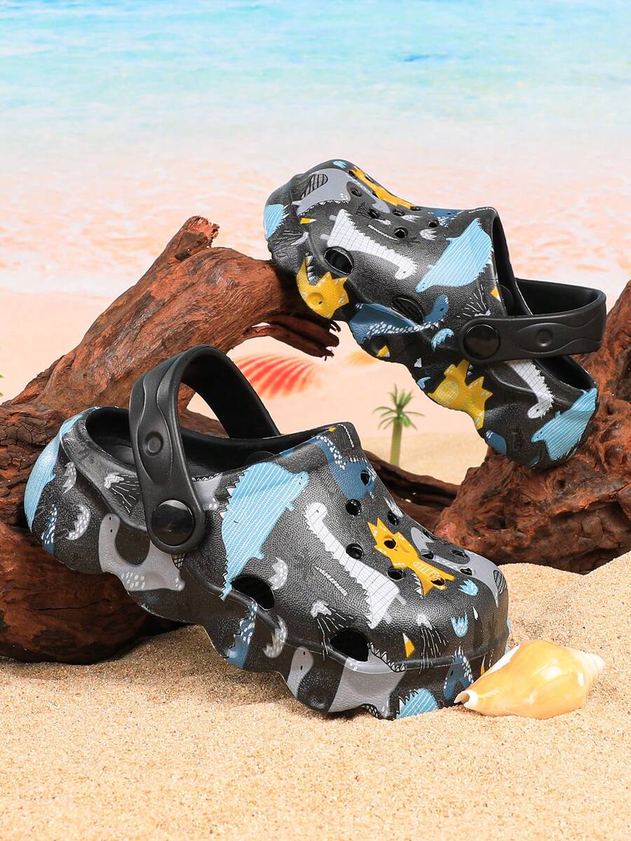 Cute Cartoon Dinosaur Letter Pattern Hollow Out Clogs - Black - View 1