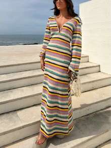 Women's Bohemian Style Striped Deep V-Neck Long Sleeve Knit Rainbow Striped A-Line Elegant Summer Autumn Dress - Multicolor - View 10