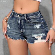 xuehuamaoyi02  PETITE Short de jean desgastado para mujer con bolsillos, informal y versátil - Lavado ligero - Ver 2