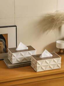 1pc Nordic Style Minimalist Tissue Box, Faux Wood Lid With Diamond Texture Design, Odorless Tissue Holder For Living Room And Bedroom Desktop, Wood Grain Tissue Box, Luxury Tissue Box, Living Room Desktop Storage Box, Home Napkin Holder, Geometric Embossed Tissue Box, Nordic Style Tissue Box, Coffee Table Decorative Tissue Box, Bedroom Desktop Tissue Box, Vintage Solid Wood Lid Tissue Box, Creative Desktop Storage - Diamond - View 3
