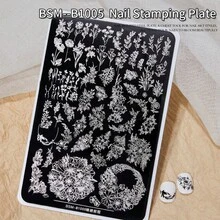 寶詩曼多風格美甲印花板，包含花朵、蝴蝶、玫瑰、煙火、蕾絲、蝴蝶結圖案，可重複使用的不鏽鋼美甲印花美甲工具 - 彩色 - 查看 7
