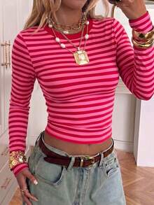 Women's Fitted T-Shirt With Round Neck, Long Sleeves, Pleats, Solid Color, Suitable For Summer, Autumn/Winter And Casual Spring Seasons - 紅紫色 - 查看 3