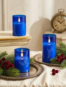 3pcs Flameless Candle Lights, With Remote Control/Timer Function, Battery Powered, Suitable For Christmas, Halloween, Valentine's Day, Mother's Day, Gift, Birthday, Proposal, Wedding, Dining Table, Party - Blue - Warm Light - View 3