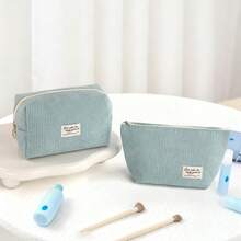 2pcs Classic Ins Style Fresh Blue Corduroy Makeup Bag Love Makes The World Go Around Large Capacity Portable Toiletry Bag Travel Storage Pouch Student Stationery Pencil Case Clutch - Multicolor - View 11