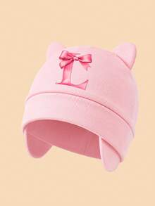 1PC Newborn Pink Cat Ear Beanie, Bowknot A-Z Letter Print Ear Protector Baby Hat, Soft Breathable Hospital Cap, Suitable For Baby Daily Rest And Sleep - Pink - View 25