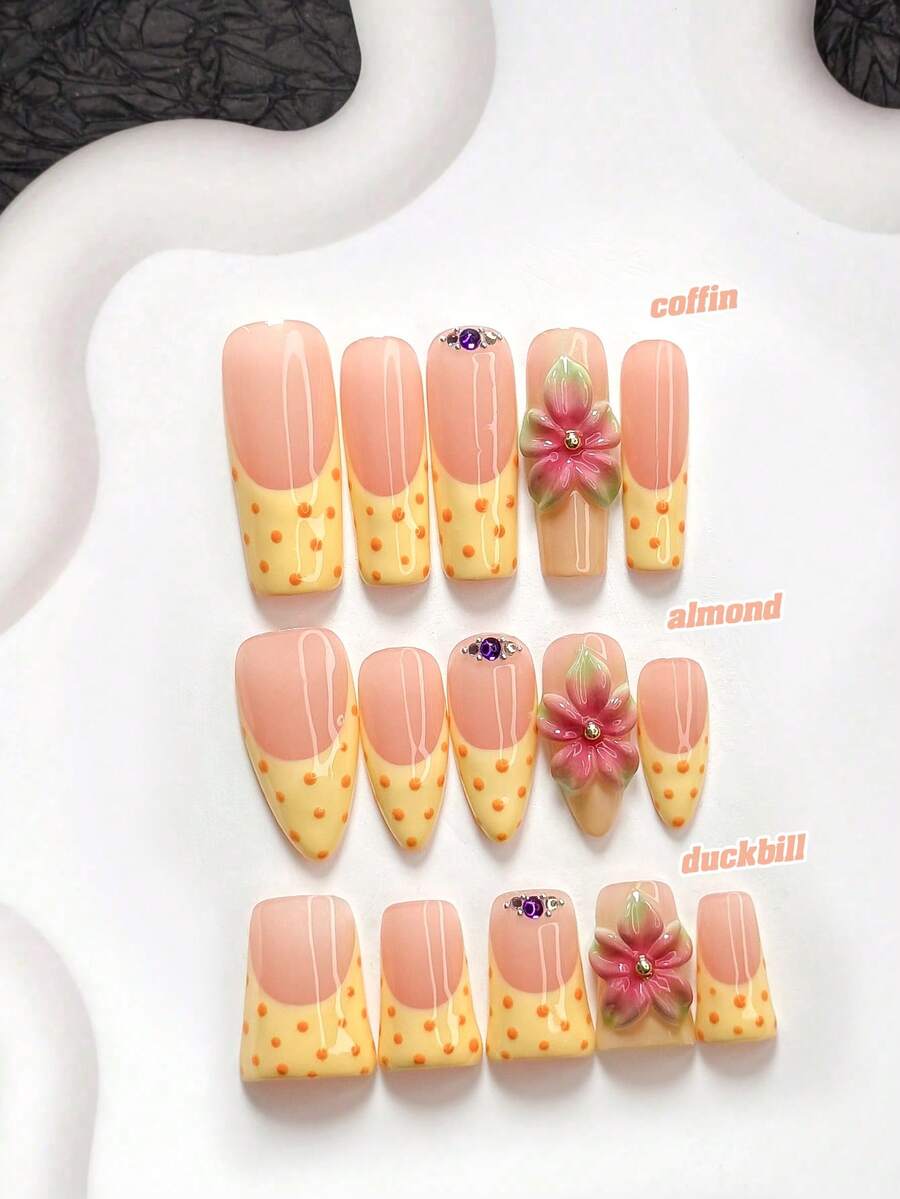 10片甜美風手工穿戴甲,Polygel美甲套組,手工雕花五瓣花,黃色指甲油,清新夏季風,附美甲工具,3種尺寸可選,杏仁/鴨嘴/棺材形,適合派對、跳舞、日常配戴 - 彩色 - 查看 1