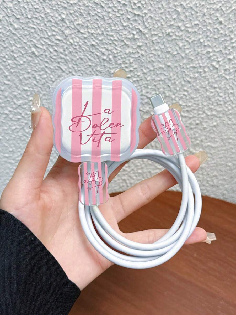 3件組數據線充電器保護套 粉色條紋標語圖案 適用於英國標準20W Apple快充充電器 20W英國標準充電器 防斷裂充電器保護套 - 彩色 - 查看 1