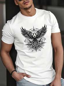 Summer Men's Crew Neck Short Sleeve Solid Color T Shirt, Breathable Comfortable Versatile Eagle Compass Print Casual Tops For Daily Outdoor Wear - 白色 - 查看 6