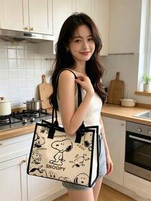 1件 Snoopy 印花帆布托特包，卡通風格大容量單肩包，適合日常通勤與海灘使用 - A - 查看 5
