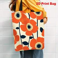 1pc 2D Printed Tote Bag, Spring Orange Flower Pattern, Large Capacity, Durable & Foldable, Suitable For Shopping, Gifting And Special Occasions - Multicolor - View 1