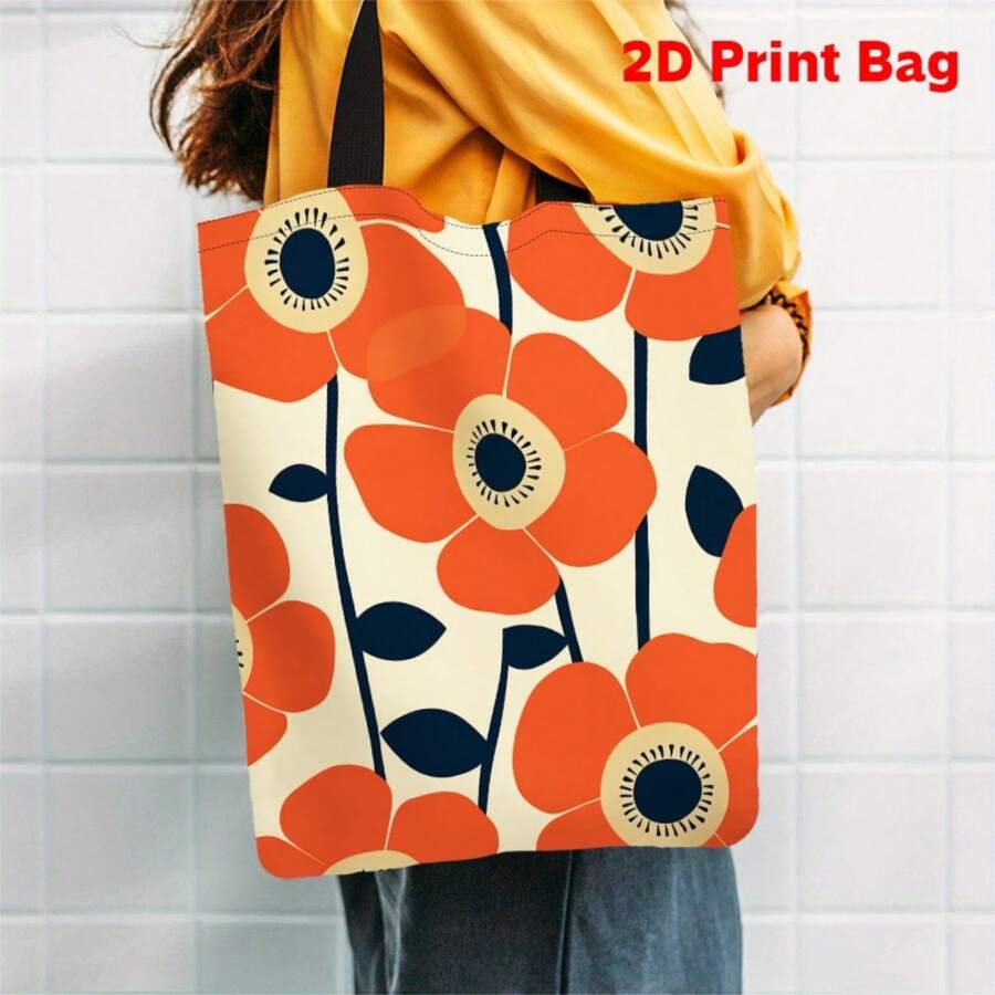 1pc 2D Printed Tote Bag, Spring Orange Flower Pattern, Large Capacity, Durable & Foldable, Suitable For Shopping, Gifting And Special Occasions - Multicolor - View 1