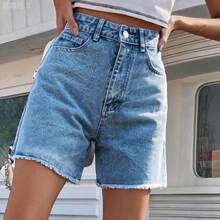 yonghongmaoyi1  Shorts vaqueros casuales con dobladillo deshilachado lavado para verano - Azul lavado oscuro - Ver 2
