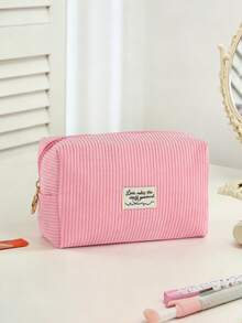 1pc Love Makes The World Go Around Fashionable Minimalist Corduroy Large Capacity Cosmetic Makeup Tool Storage Bag Suitable For Home And Travel - Pink - View 8