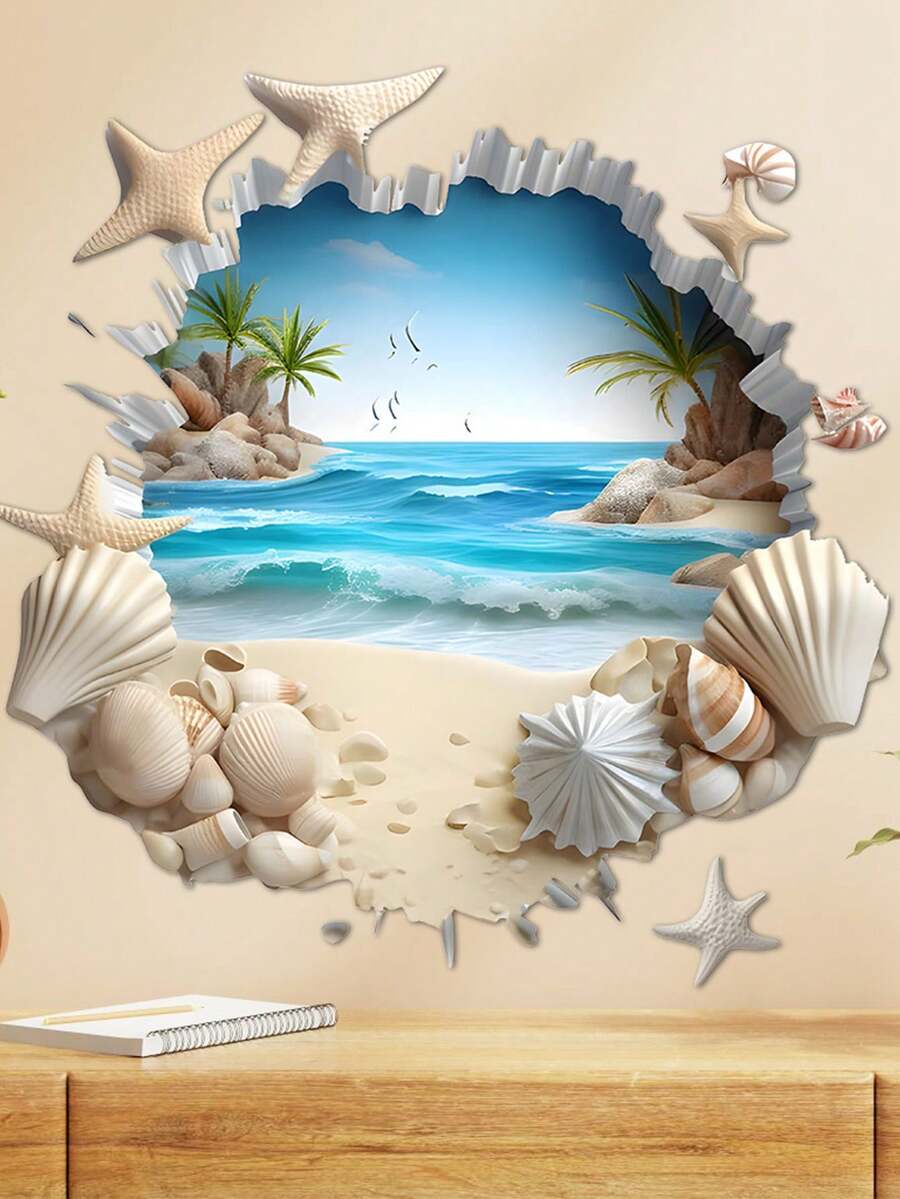 1pc Of Broken Wall Seaside Landscape Wall Sticker Summer Shell Starfish Beach Wall Decals PVC Self-Adhesive Detachable Wall Art Decor Easy To Peel And Paste Suitable For Home Decoration Bedroom Glass Decoration - Summer Beach Vibes - View 1