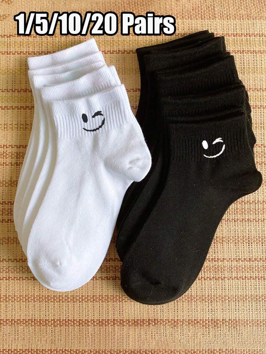 1/5/10/20雙 女款/情侶款 素色可愛表情個性化百搭短襪、隱形襪,適合日常、度假、戶外穿著 - 黑與白 - View 1