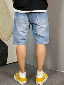 男士夏季水洗休閒復古做舊牛仔短褲 - 中等水洗藍 - 查看 3