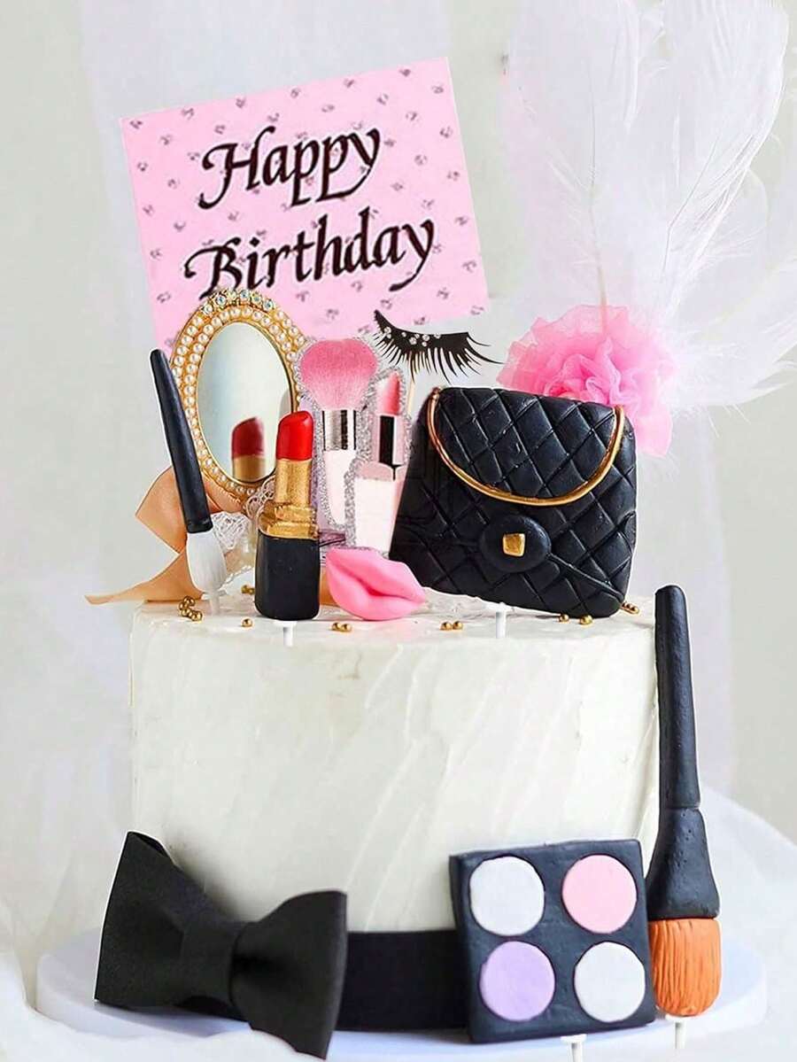 10件或6件裝美妝主題蛋糕裝飾，適合SPA沙龍生日蛋糕，包含逼真美妝刷、眼影盤、口紅蛋糕裝飾飾品，附生日卡片，適用於單身派對、退休派對、女性生日蛋糕裝飾（手工製作，略有瑕疵，介意者請勿購買） - 彩色 - 查看 1