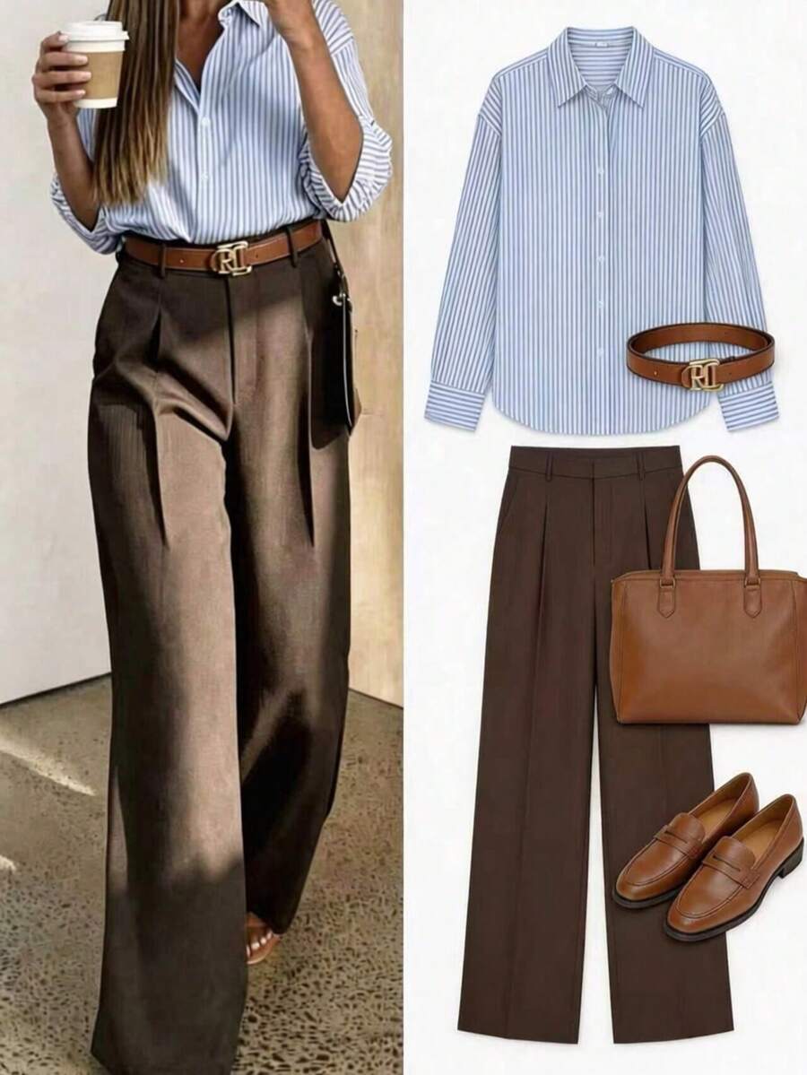 Elegant Casual Straight-Leg Draped Pants - Coffee Brown - View 1