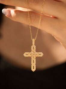 1pc Vintage Fashion Versatile Gothic Hip-Hop Style Geometric Design Pattern Zirconia Inlaid Cross Pendant Necklace, Suitable For Men And Women, Perfect For Banquets, Parties, Gatherings, Daily Wear, And As A Gift For Family And Friends - Multicolor - View 2