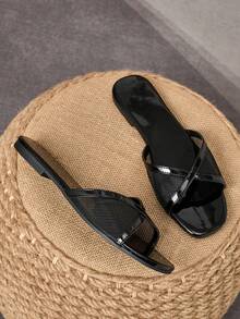 Sandalias tipo slide de mujer con punta cuadrada, planas, de moda, versátiles, para exteriores, de lujo, con hebilla, para verano, playa, vacaciones, premium, para todas las estaciones, elegantes chanclas - Negro - Ver 2