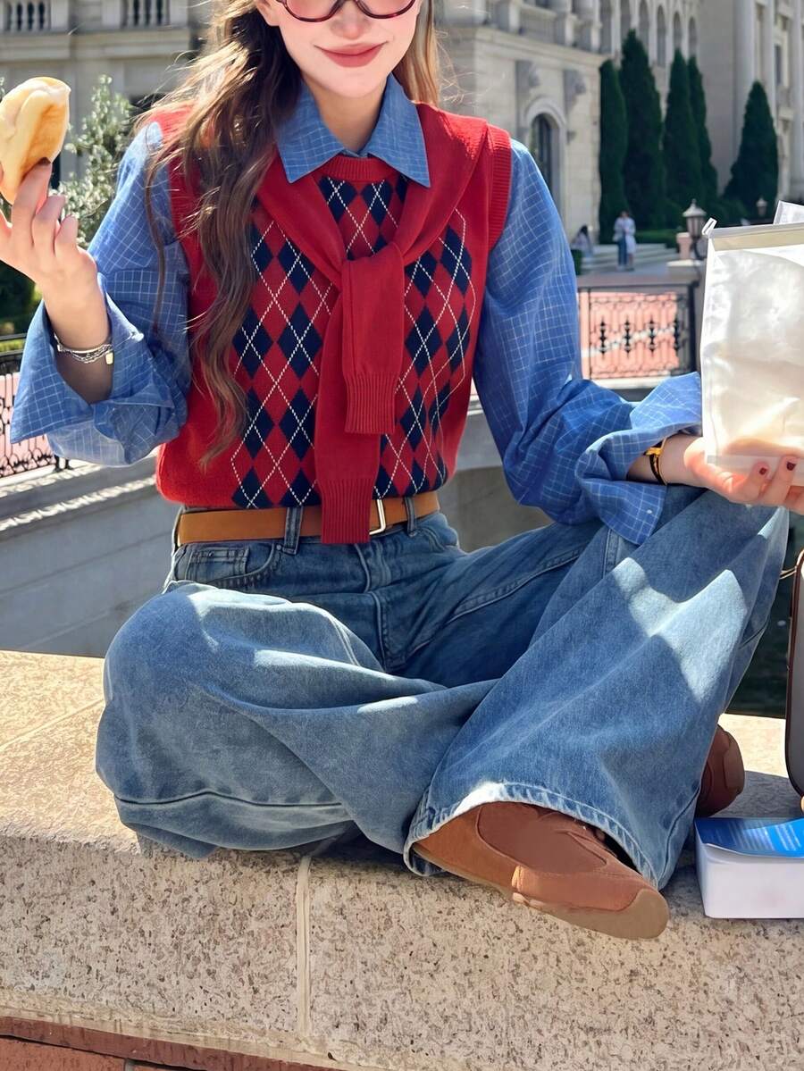 Alicedudu كنزة صوفية صوفية بدون أكمام بياقة طاقم بنمط أرغيل للنساء، أسلوب جامعي، ربيع & خريف أحمر خريفي - الأحمر - مشاهدة 1