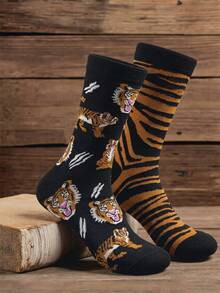 GNIM HL 1 Pasang Kaos Kaki Kru Desain Asimetris dengan Motif Macan, Gaya Eropa dan Amerika untuk Pria, Musim Gugur - Hitam - View 1