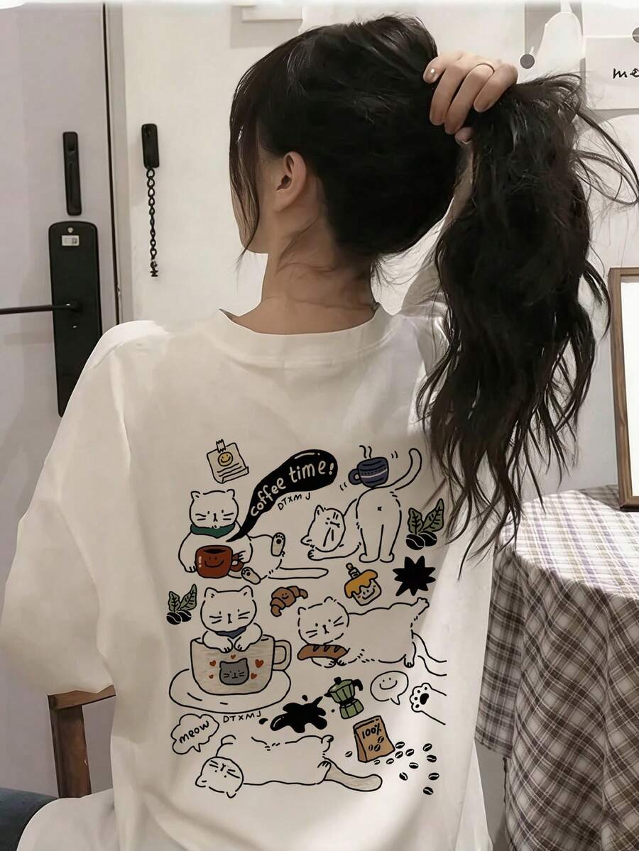 Made In Japan, Spring/Summer Cotton, Round Neck, Loose Fit, Versatile, Simple, English Print Short-Sleeve T-Shirt - White - View 1