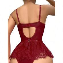 Lilosy Sexy Stocking Rhinestones Heart Garter Underwire Floral Mesh Lace Sheer Babydoll Lingerie Teddy Bodysuit Skirt Set - Burgundy Red - 查看 2