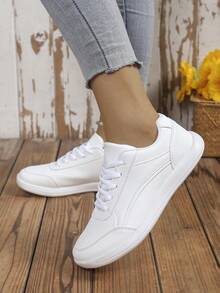 Women's Plus Size Wide Toe Box Athletic Shoes, Solid Color Lace-Up Front With Side Metallic Reflective Stripes, Breathable, Versatile, Fashionable, Casual, Comfortable Wide Toe Box Sneakers - White - View 3