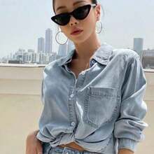 jianchaimaoyi02  Blusa de mezclilla con bolsillo con parche y botones, chaqueta de mezclilla, ropa de mujer de otoño de manga larga - Lavado ligero - Ver 1