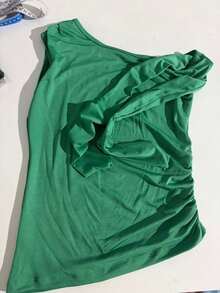 Elegant T-Shirt In Supplex Fabric With Asymmetrical Shoulders And Straps, Ideal For Everyday Wear, Outings, Nightclubs, Parties, And Halloween Costumes. - 綠色 - 查看 5