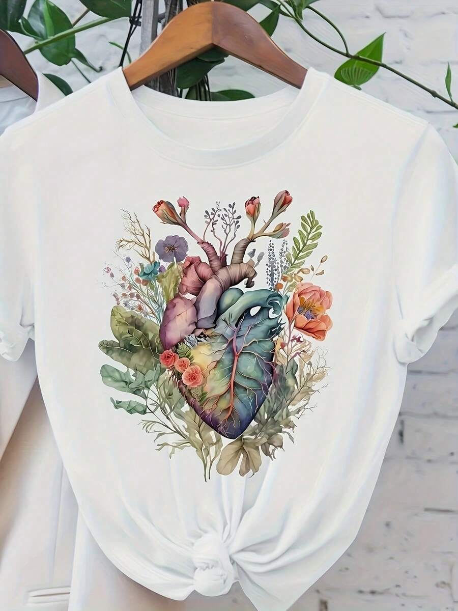 Camiseta de mujer% algodón, color rosa, con estampado gráfico de transporte de comida - estilo casual deportivo, cómoda para todas las estaciones, cuello redondo, tela de elas - Blanco - Ver 1