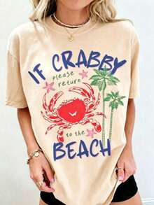 1 Piece Women's Graphic T-Shirt With "If You're In A Bad Mood, Please Go Back To The Beach" Print, 100% Cotton, Double-Sided Print, Casual Summer Style, Plus Size. | Clothing - 杏色 - 查看 1