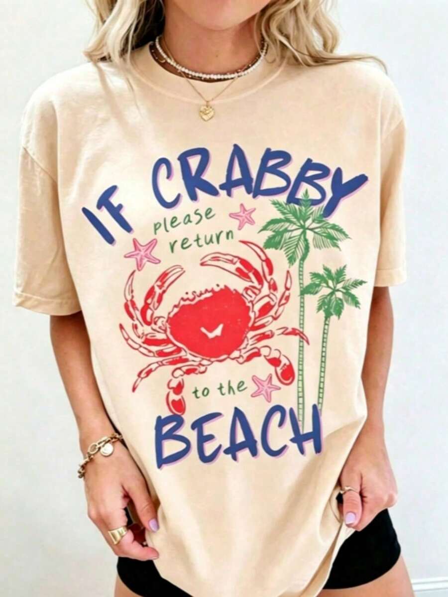 1 Piece Women's Graphic T-Shirt With "If You're In A Bad Mood, Please Go Back To The Beach" Print, 100% Cotton, Double-Sided Print, Casual Summer Style, Plus Size. | Clothing - 杏色 - 查看 1