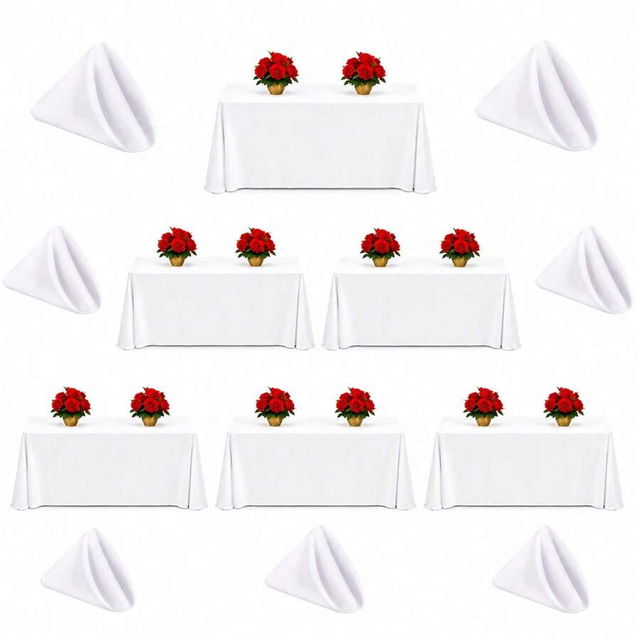 6 Packs White Rectangle Tablecloth & Napkins Set, Solid Color Polyester Table Linens, Wrinkle Resistant, Stain Proof, Easy Clean, Reusable Washable Table Cover For Wedding Party Banquet Restaurant Buffet Catering Dining Table Home Decor - White - View 1